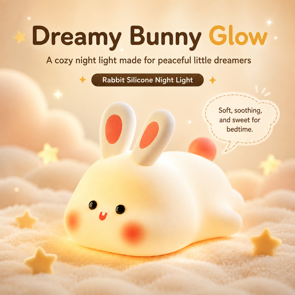 Rechargeable rabbit night light glowing beside a child's bed