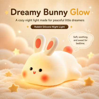 Rechargeable rabbit night light glowing beside a child's bed