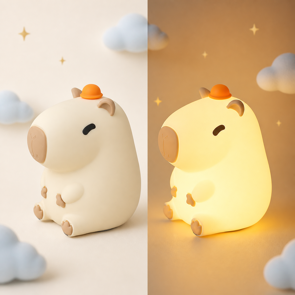 Chill Capybara silicone night light shown unlit and glowing