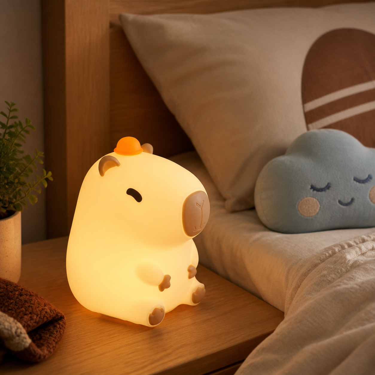 Chill Capybara night light glowing on a cozy bedside table