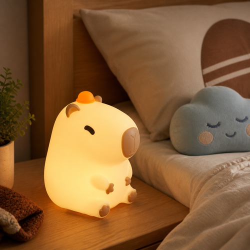 Chill Capybara night light glowing on a cozy bedside table