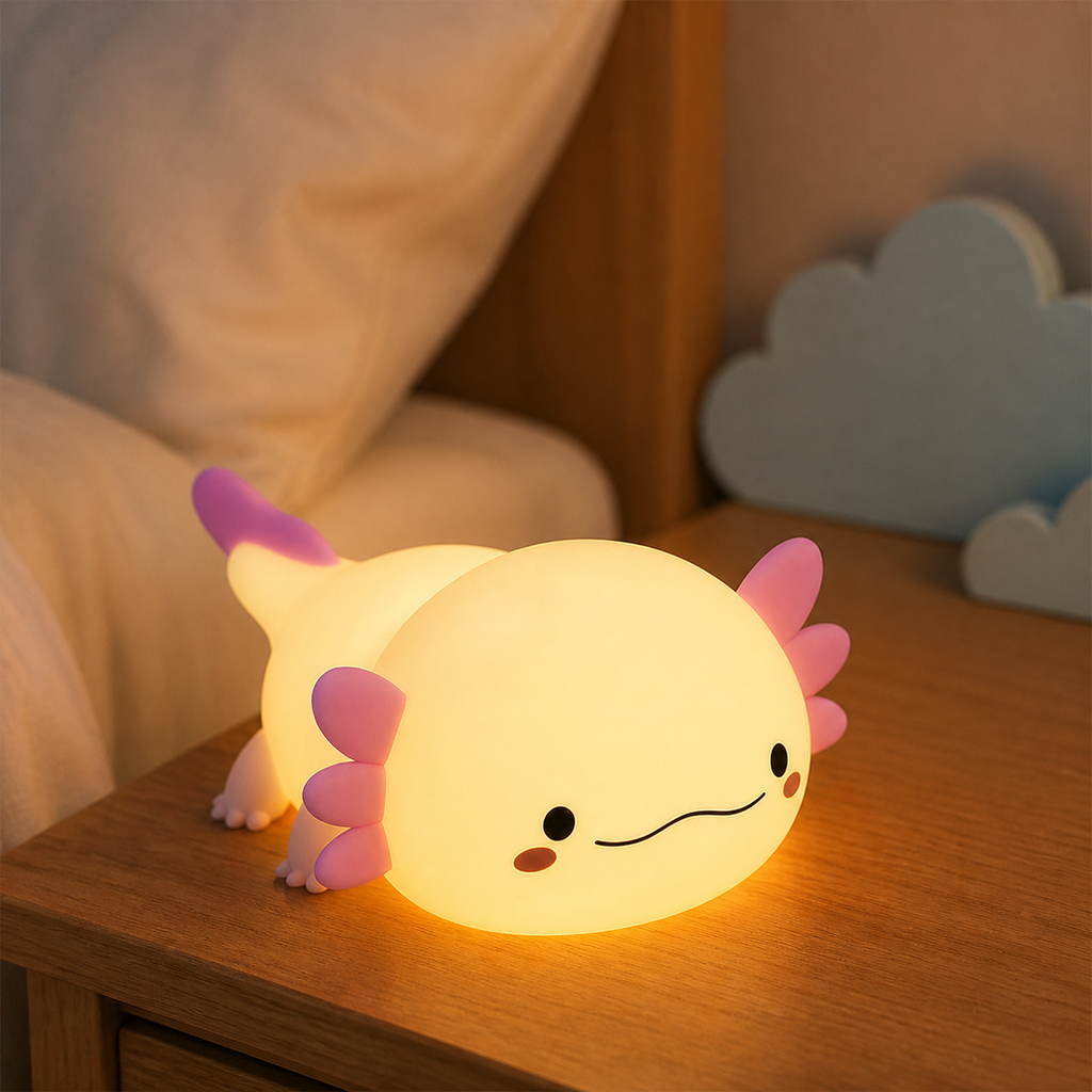 Cozy Axolotl night light glowing on a wooden bedside table