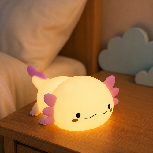 Cozy Axolotl night light glowing on a wooden bedside table
