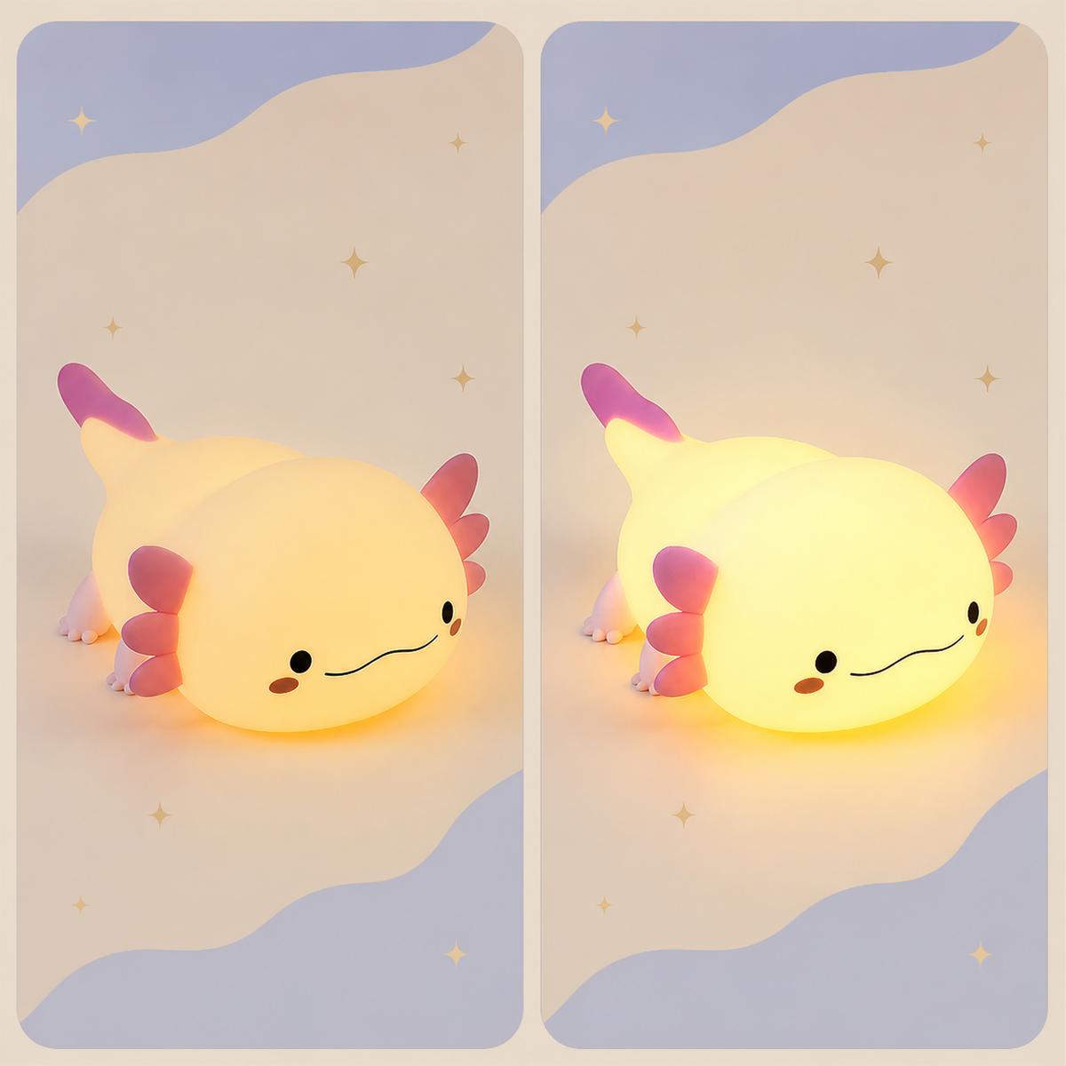 Cozy Axolotl night light shown in two warm brightness levels