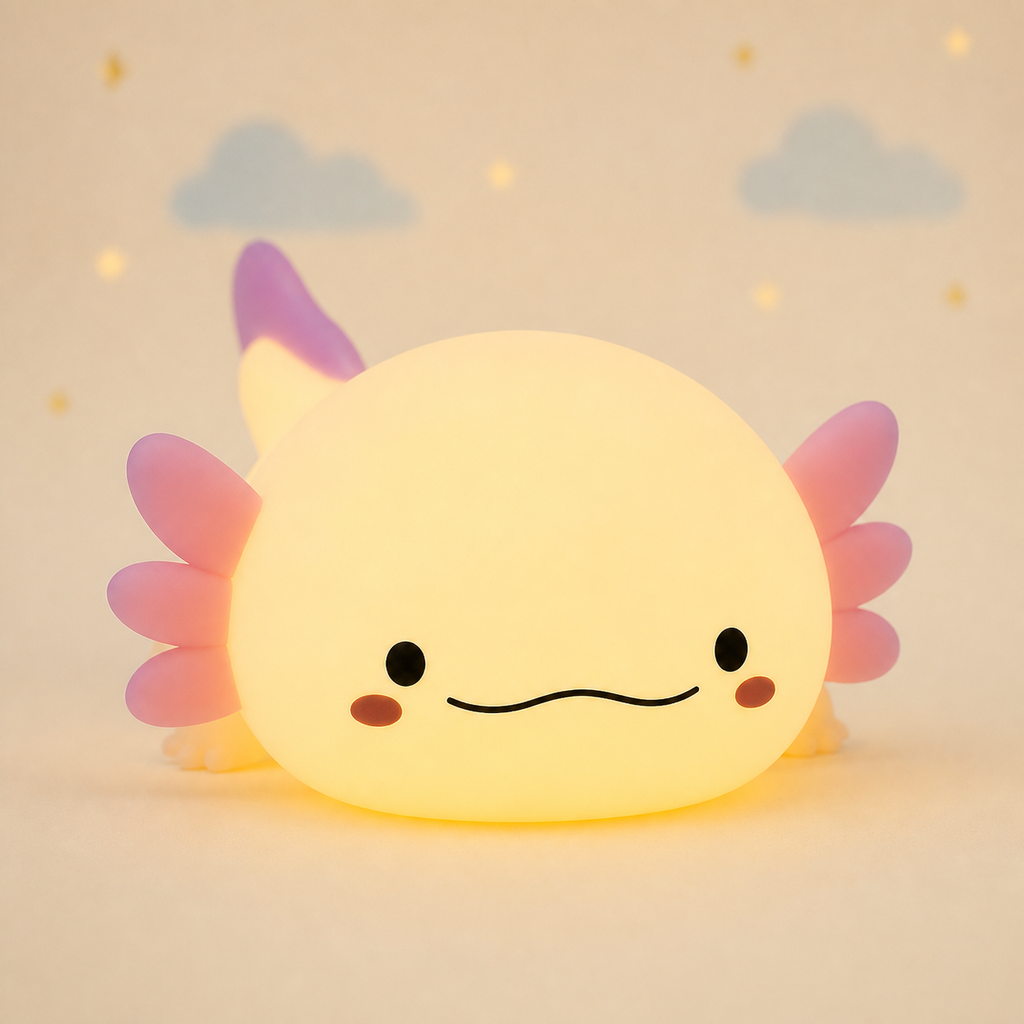 Cozy Axolotl silicone night light glowing on a warm Farotiva backdrop