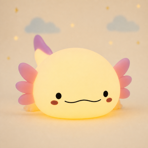 Cozy Axolotl silicone night light glowing on a warm Farotiva backdrop