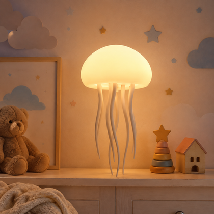 Farotiva jellyfish night light glowing on a children's bedroom shelf