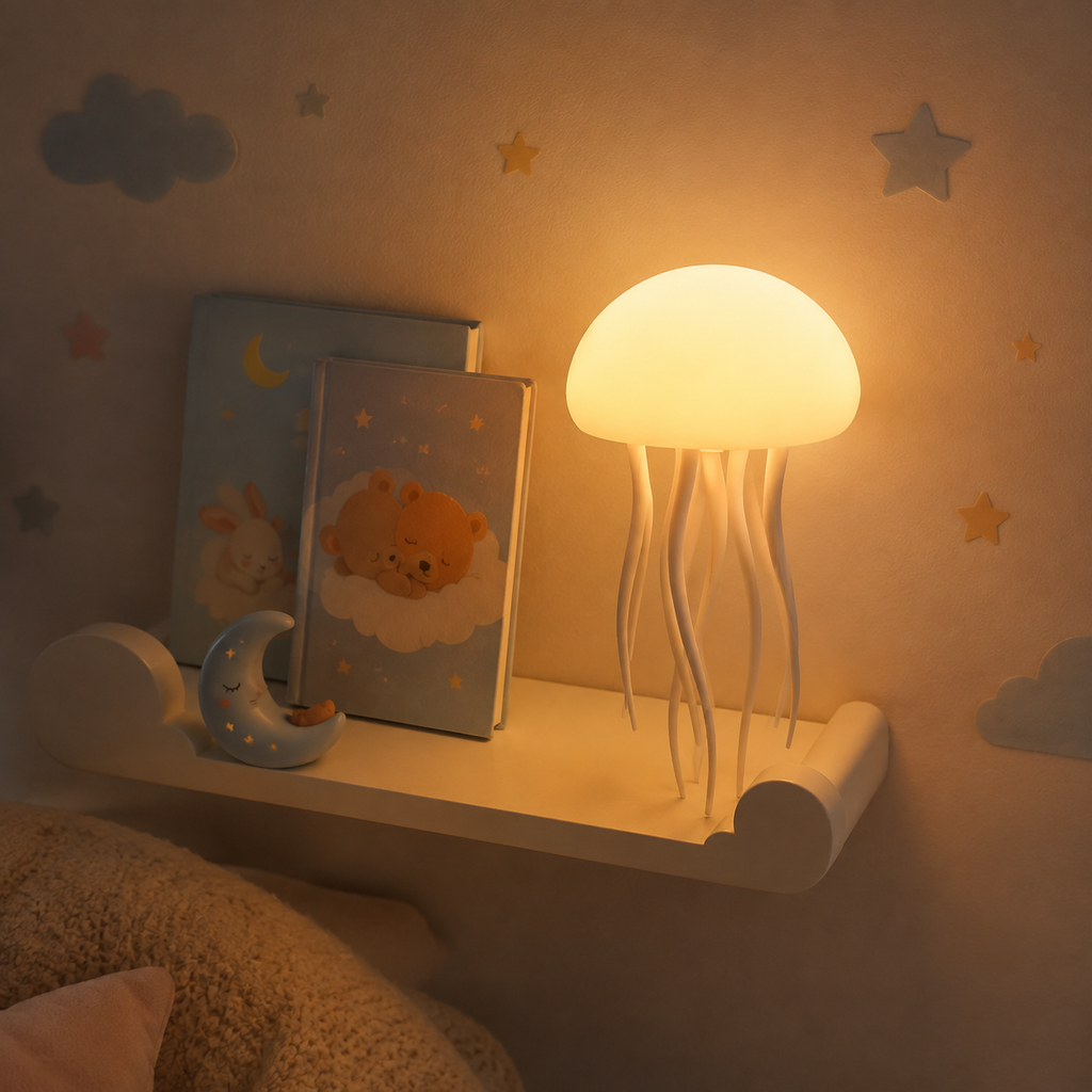 Farotiva jellyfish lamp switched on in a cozy bedtime setting