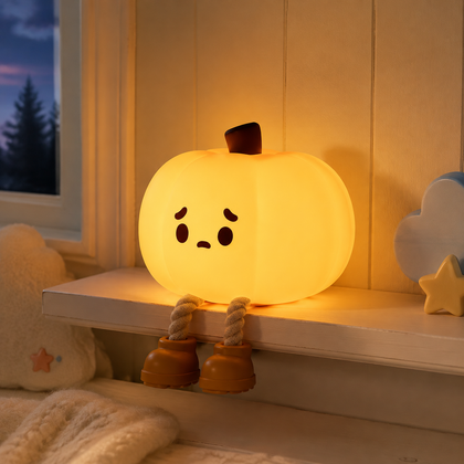 Farotiva pumpkin silicone night light glowing on a children's shelf