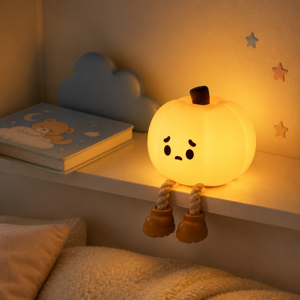 Small Farotiva pumpkin night light switched on in a cozy bedroom