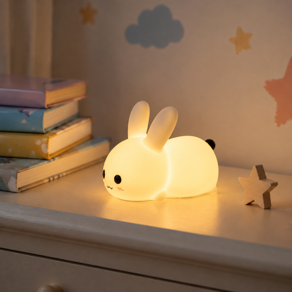 Farotiva rabbit silicone night light glowing on a bedroom shelf