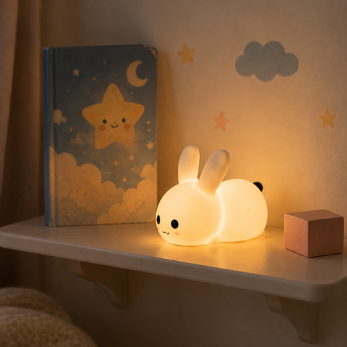 Small Farotiva rabbit night light switched on beside a bedtime book